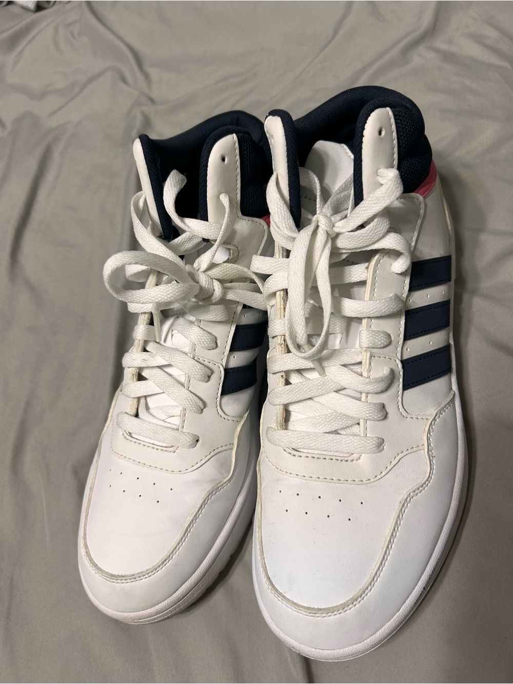 Women’s  White High-Top Sneakers with Navy Stripes and pink accent Like New